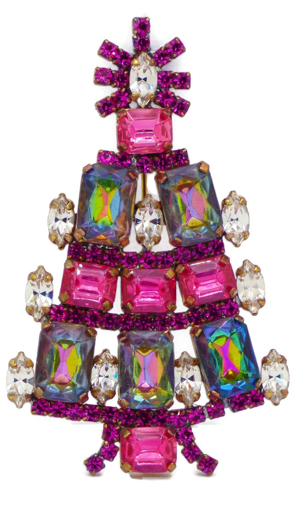 Watermelon Heliotrope Pink Rhinestone Czech Christmas Tree Brooch