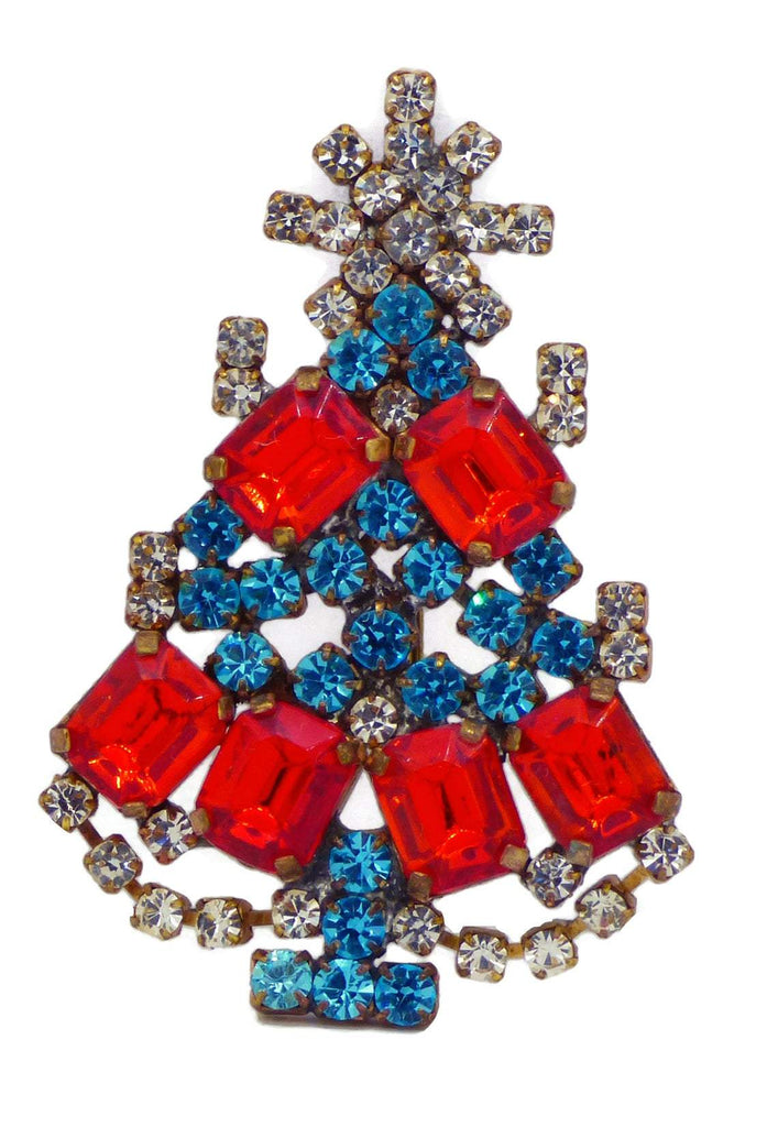 Husar D Red and Blue Rhinestone Christmas Tree Brooch