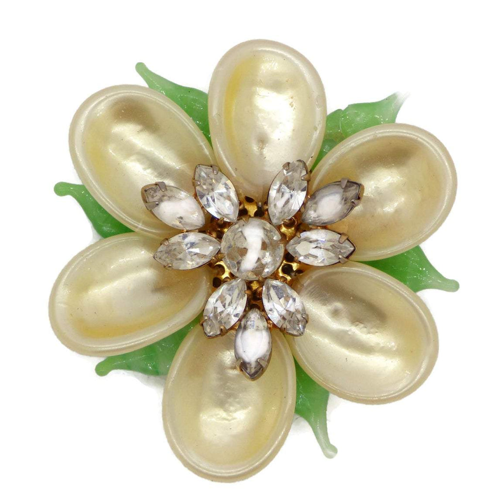 Vintage High End Faux Pearl Art Glass Rhinestone Flower Brooch