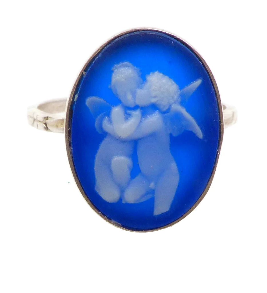Art Deco Blue Onyx Italian Cupid Cameo Ring