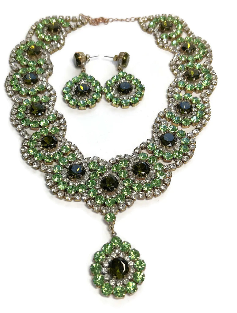 Czech Glass Green Flower Necklace and matching earrings