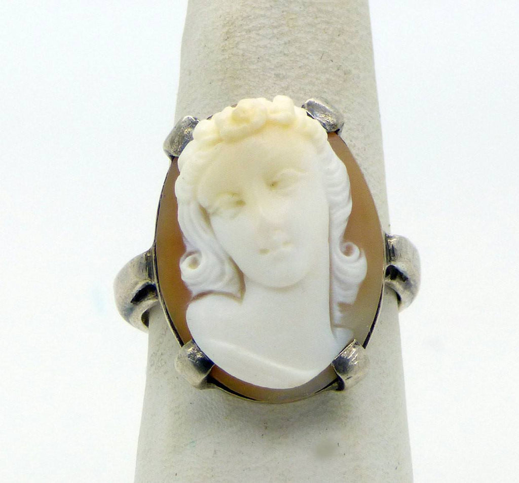 High Relief Sterling Silver Carved Shell Lady Cameo Ring, Size 6 - Vintage Lane Jewelry