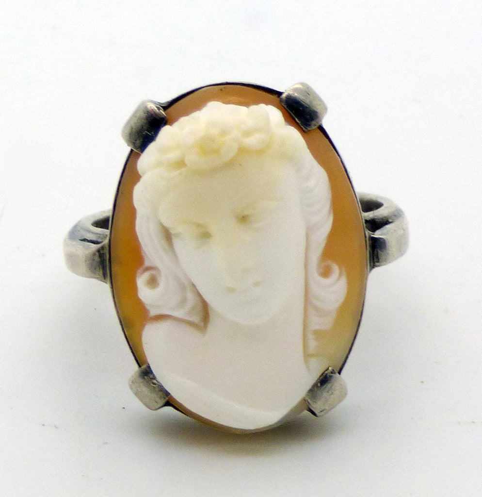 High Relief Sterling Silver Carved Shell Lady Cameo Ring, Size 6