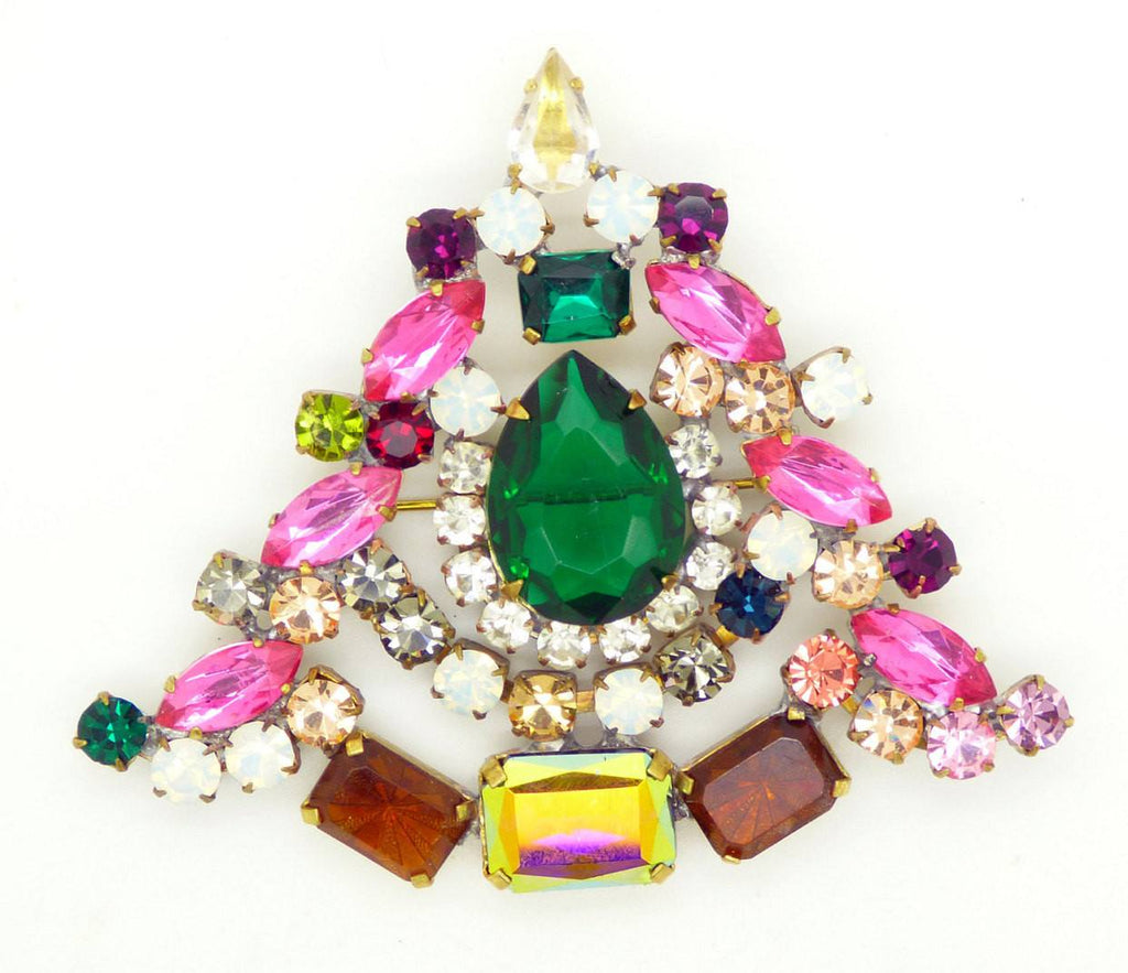 Multicolored Wide Czech Glass Rhinestone Bijoux MG Christmas tree pin, xmas brooch