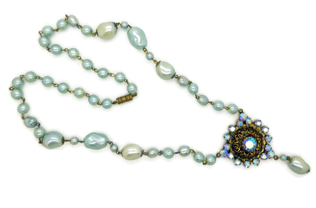 Vintage Baroque Pale Blue Glass Pearl AB Crystal Drop Pendant Necklace - Vintage Lane Jewelry