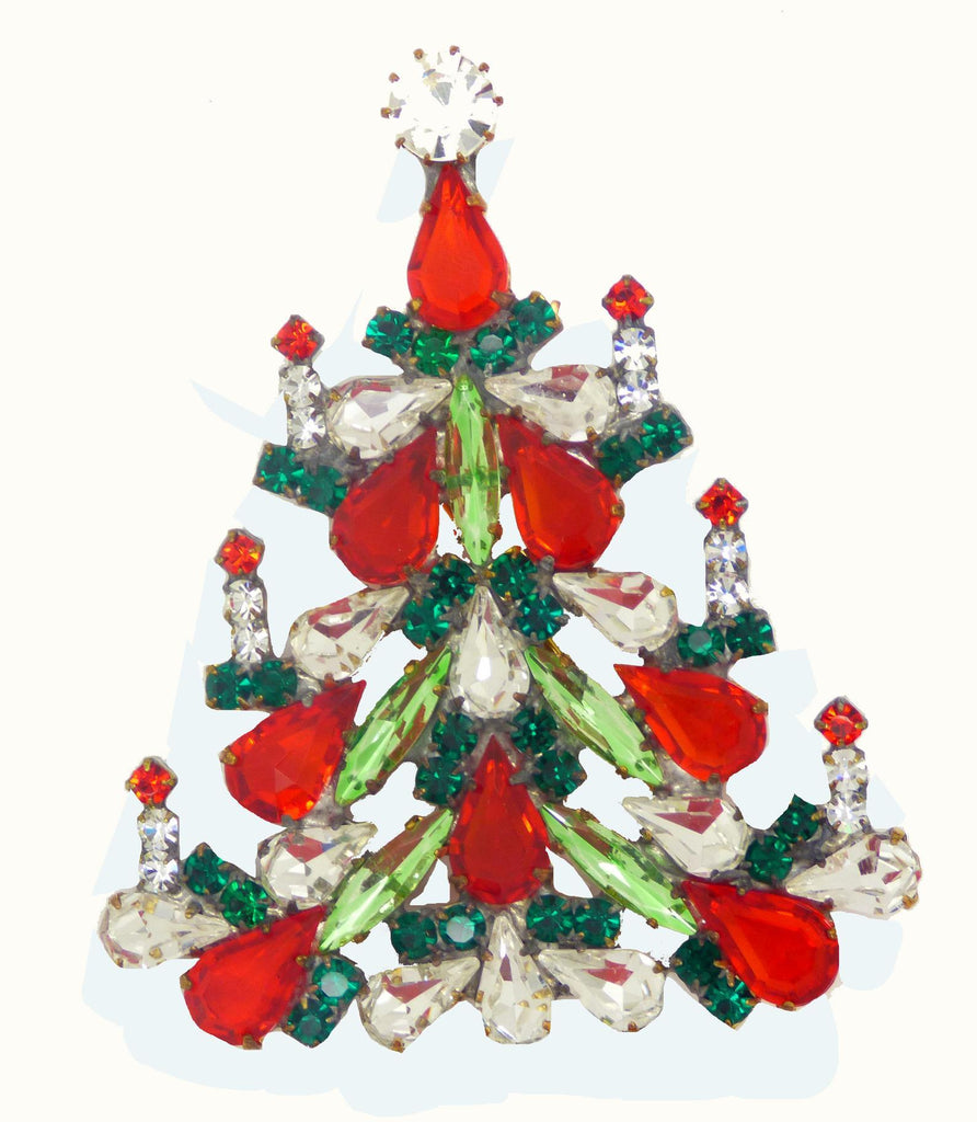 Czech Glass Christmas Tree Brooch with Candles, Vintage Rhinestones Xmas Tree Pin