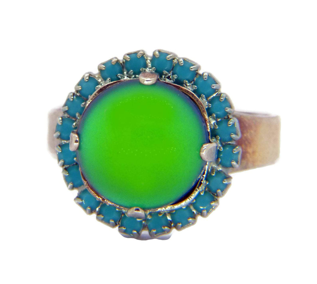 Mood Ring Shiny Silver Plated Metal Turquoise Rhinestones