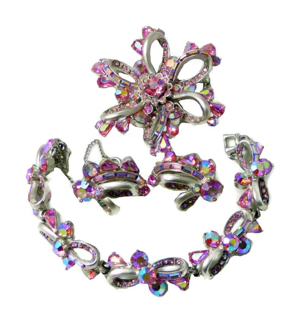 Vintage Hollycraft 1957 Pink and Pink AB Bracelet, Brooch and Clip Earrings Set