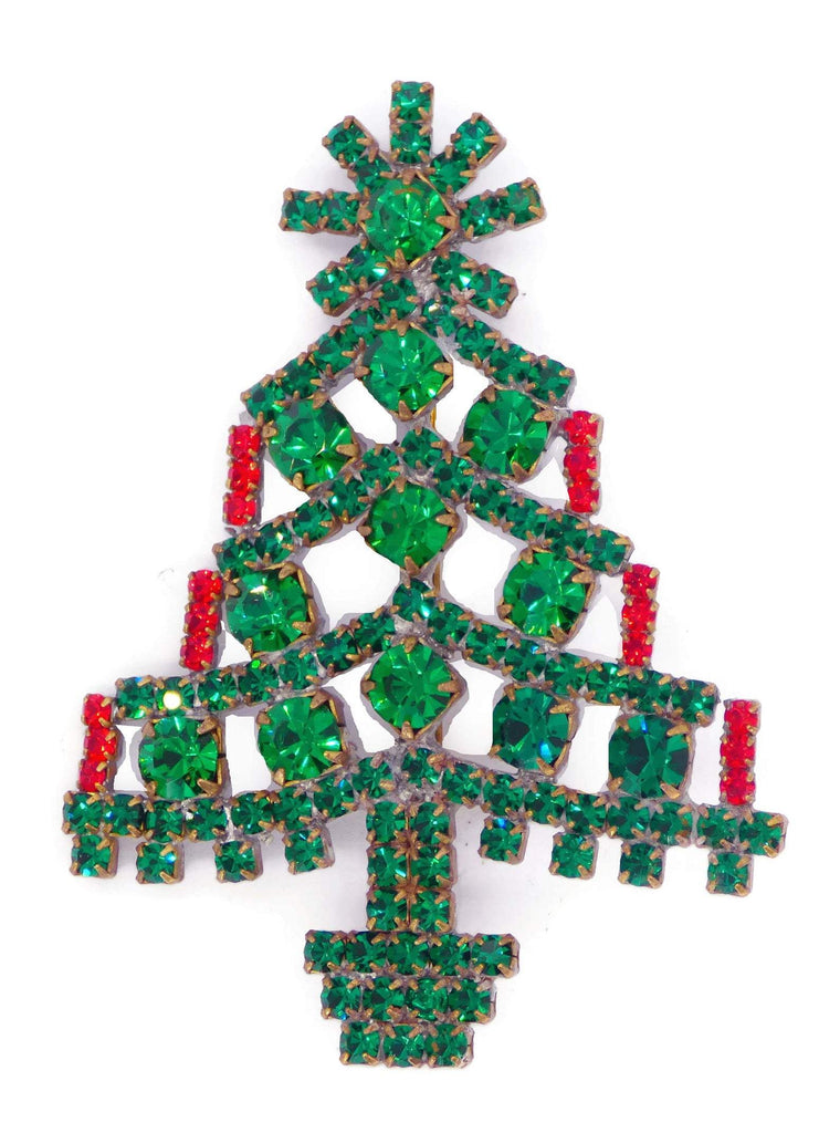 Husar D Green Rhinestone Christmas Tree Brooch