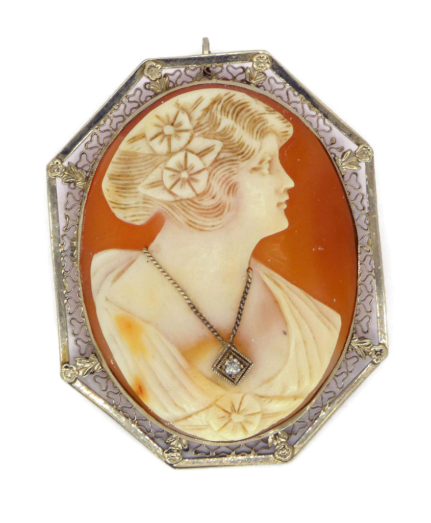 Art Deco Carved Shell Cameo 14K White Gold Filigree Frame