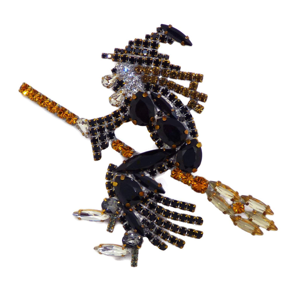 Huge Czech Rhinestone Witch Halloween Holiday Brooch