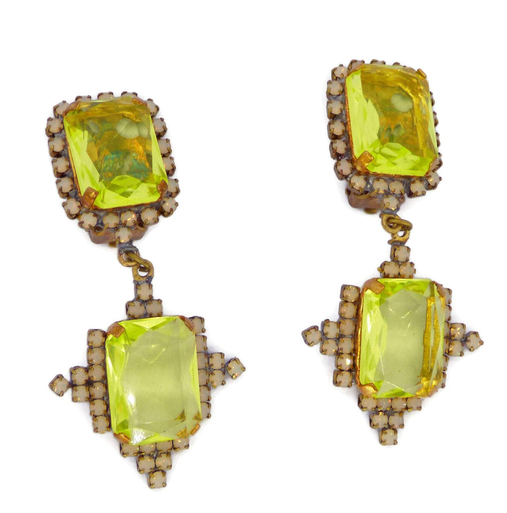Vaseline Uranium Emerald Cut Czech Glass Clip Earrings