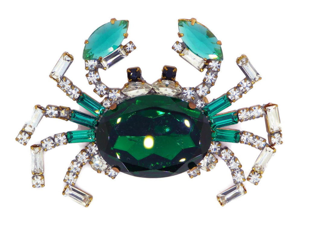 Czech Green Glass Rhinestone Crab Brooch