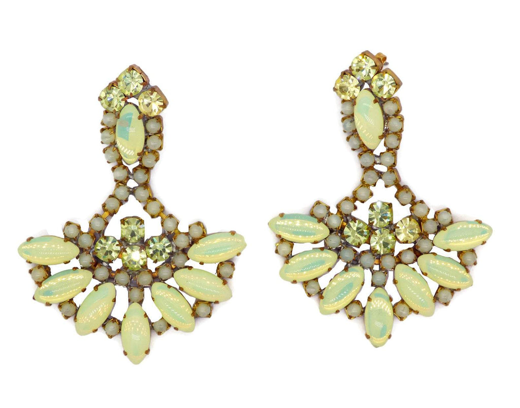 Czech Vaseline Uranium Fancy Fan Pierced Earrings
