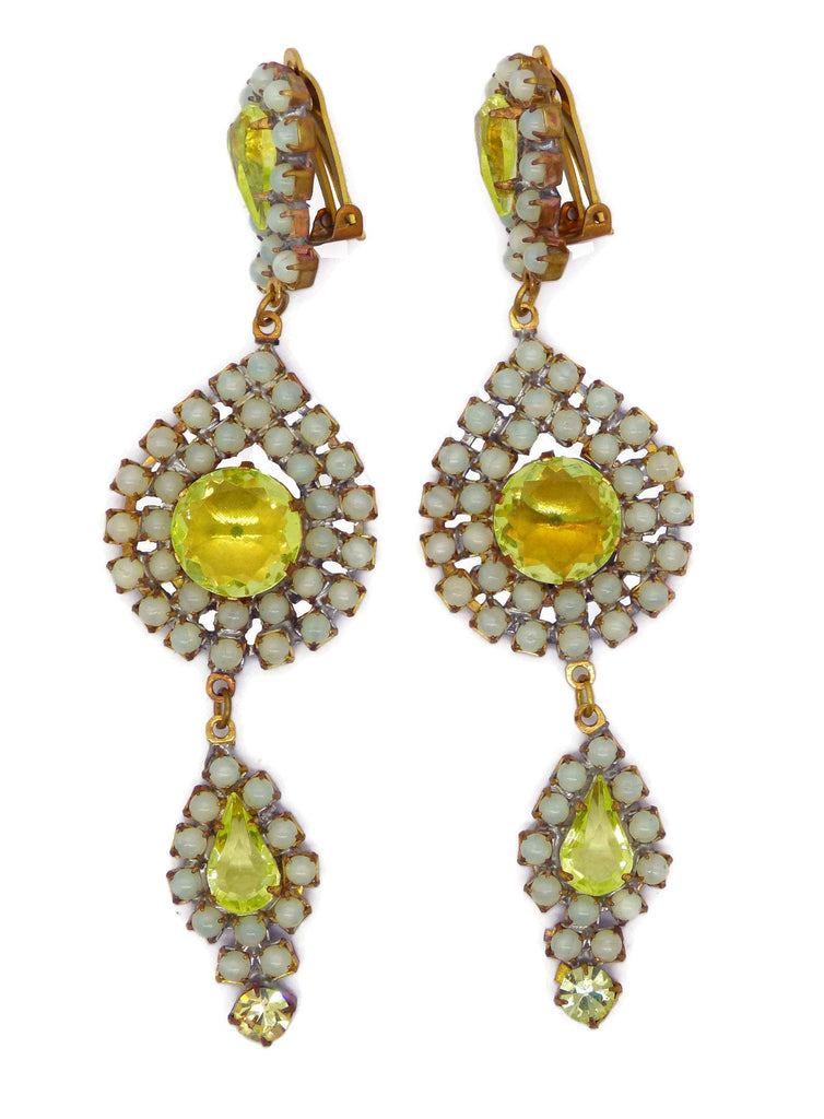 Czech Long Dangling Vaseline Uranium Clip Earrings