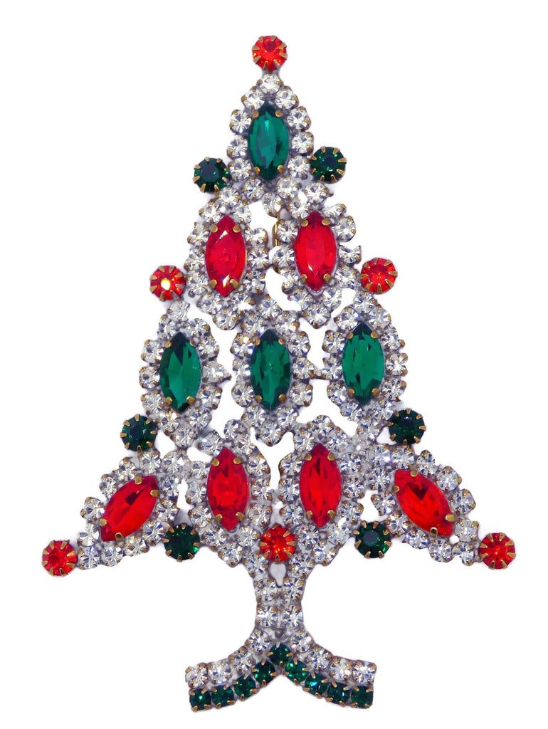 Red, Green and Clear Rhinestone Christmas Tree Brooch