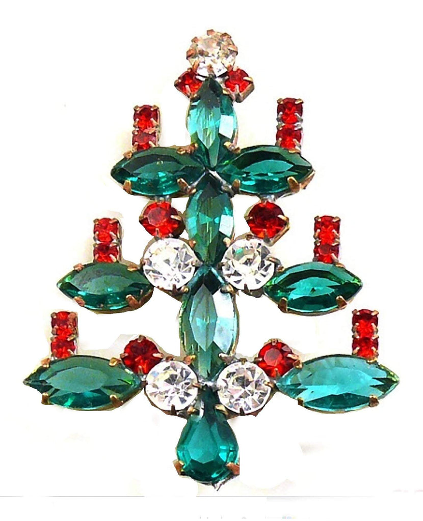 Rhinestone Christmas Tree with Red Candles Brooch