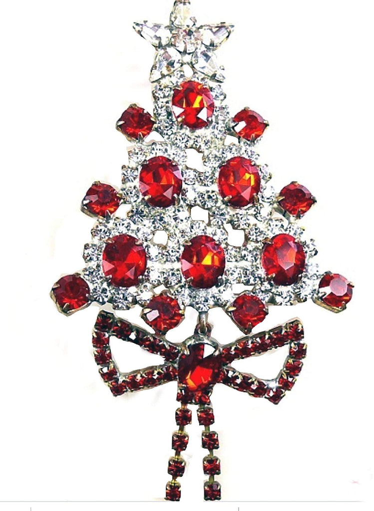 Czech Glass Red Rhinestone Christmas Tree Brooch with Dangling Ribbon