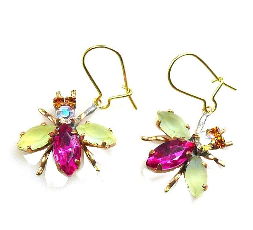 Czech Glass Fly Earrings, Pink Body