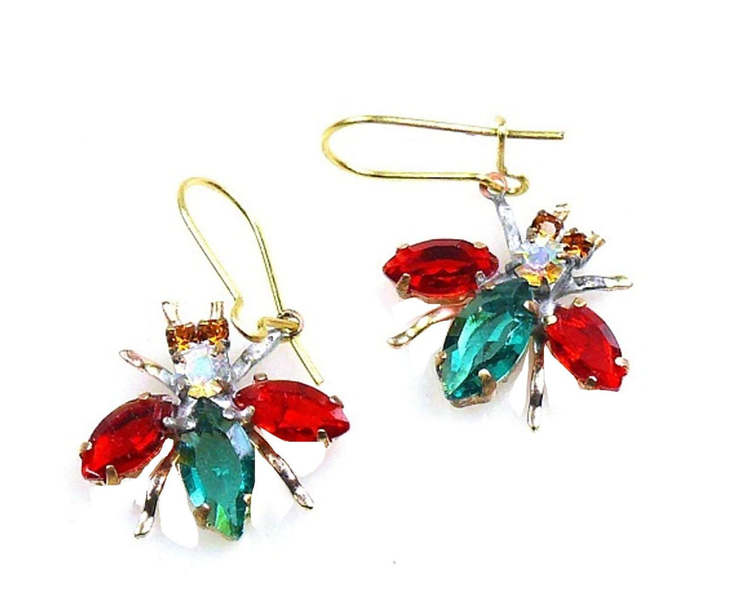 Czech Glass Fly Earrings, Green Body, Red Wings