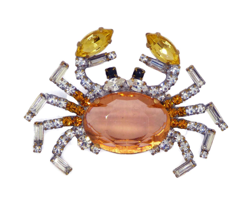 Czech Topaz Glass Rhinestone Crab Brooch