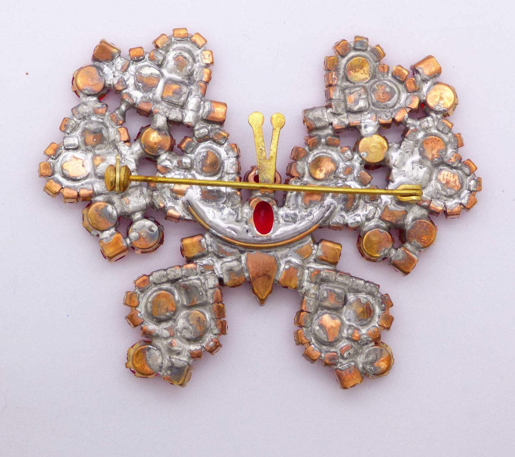 Czech Glass Red Rhinestone Heart Butterfly Brooch - Vintage Lane Jewelry