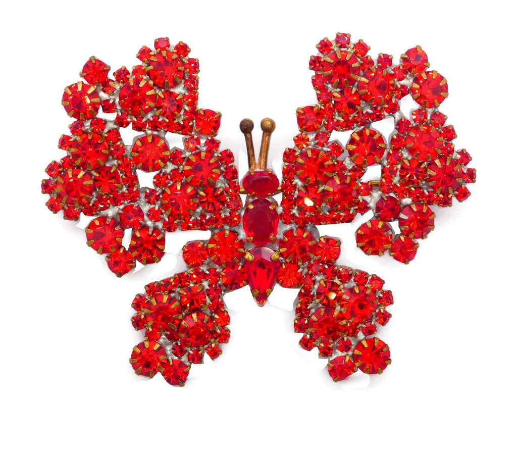 Czech Glass Red Rhinestone Heart Butterfly Brooch