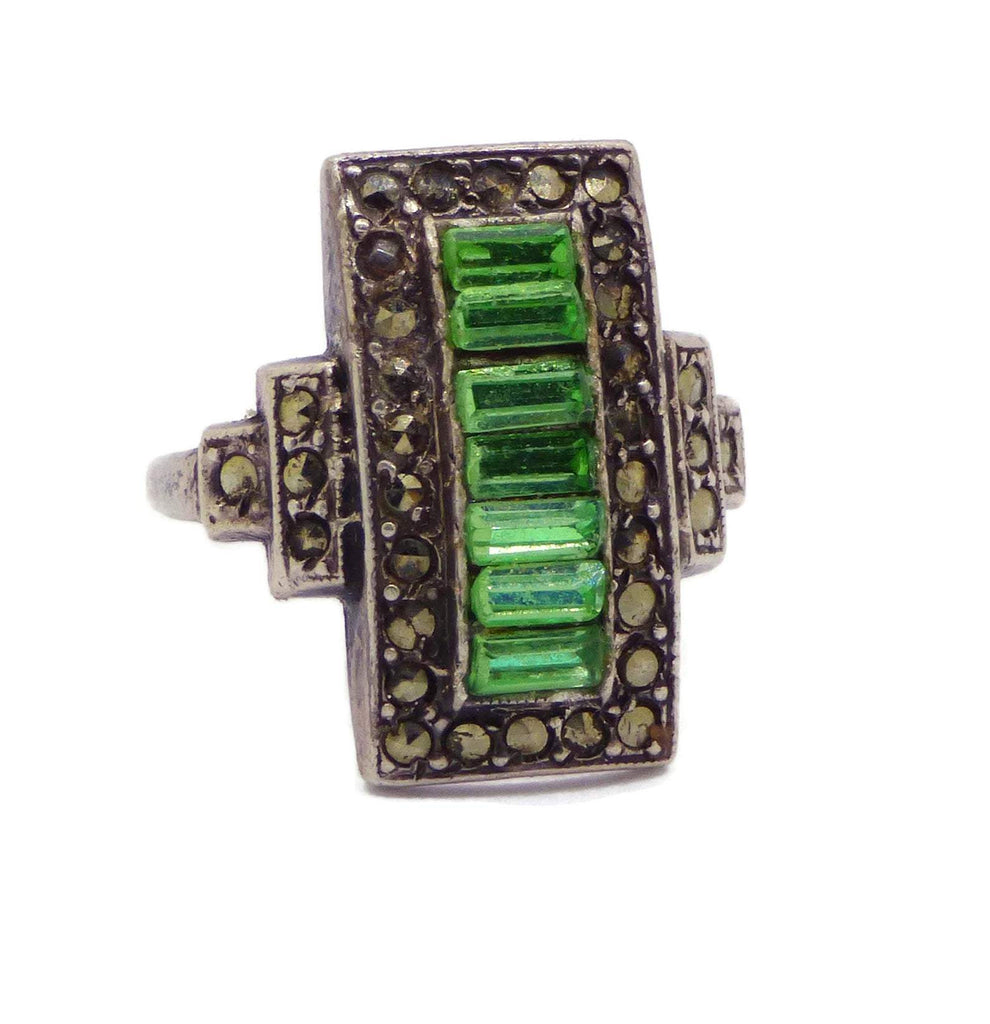 Uranium Glass Art Deco Marcasite Sterling Silver Ring