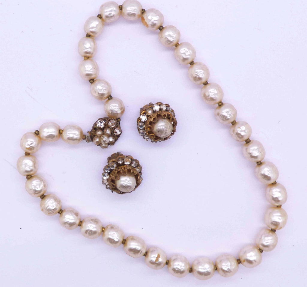 Miriam Haskell Baroque Glass Pearl Necklace and Earrings