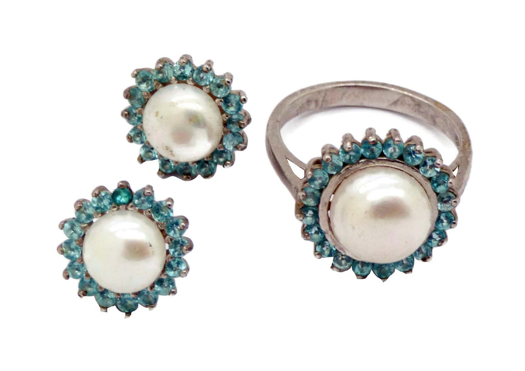 Pearl and Neon Blue Apatite Ring Earring Set