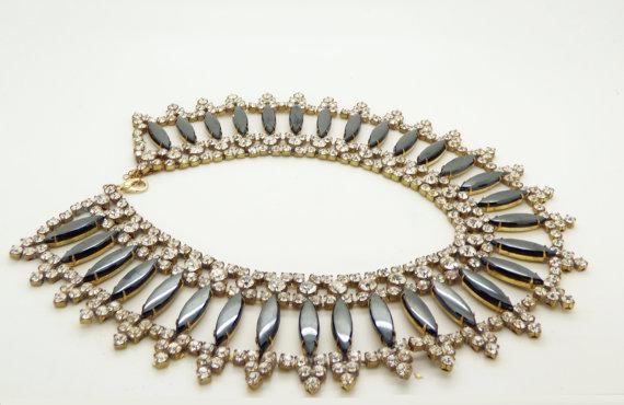 Czech Glass Black Cab and Clear Rhinestone Bib Collar Necklace
