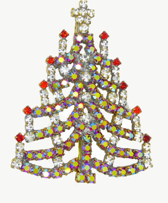 Czech Glass Red AB Rhinestone Christmas Tree Brooch, Xmas Pin, Holiday Brooch.