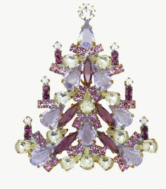 Czech Glass Candles Christmas Tree Brooch, Vintage Rhinestones Xmas Tree Pin