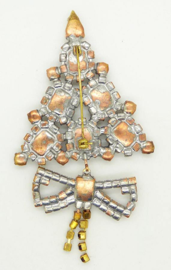 Czech Glass Red Rhinestone Christmas Tree Brooch with Dangling Ribbon, Vintage Rhinestones, Xmas Tree Pin - Vintage Lane Jewelry