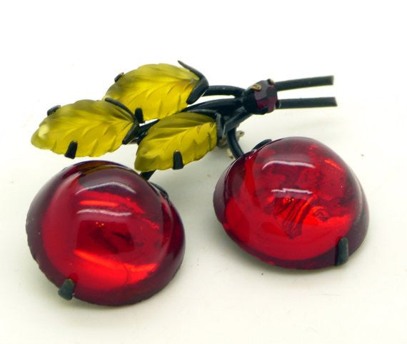 Vintage Austrian Glass Red Cherry Japanned Brooch Pin