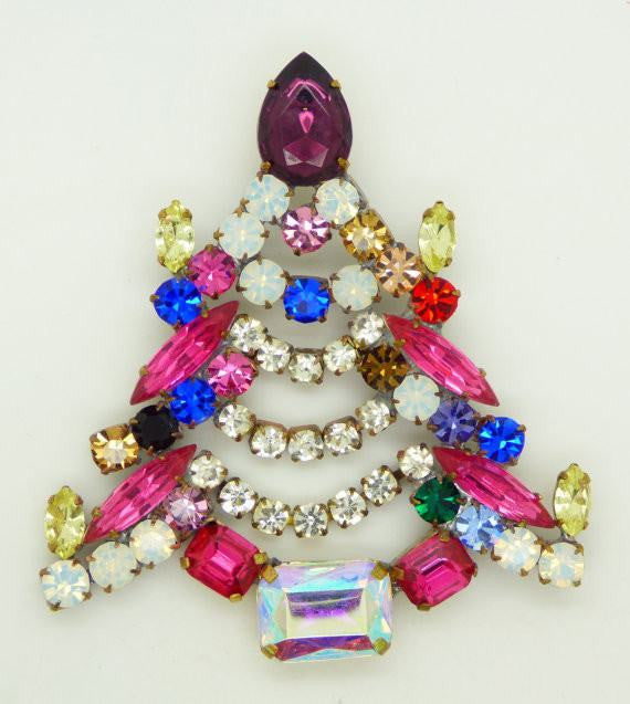 Multicolored Rhinestone Czech Glass Bijoux MG Christmas tree pin, xmas brooch