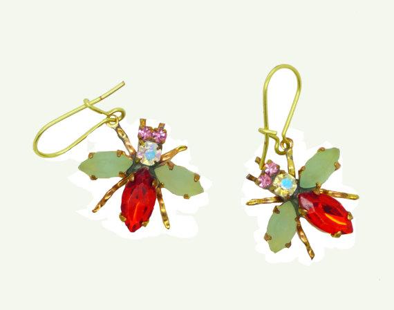 Czech Glass Rhinestone Fly Earrings, Red Body and Opaque Mint Green Wings, Pierced Style Earrings