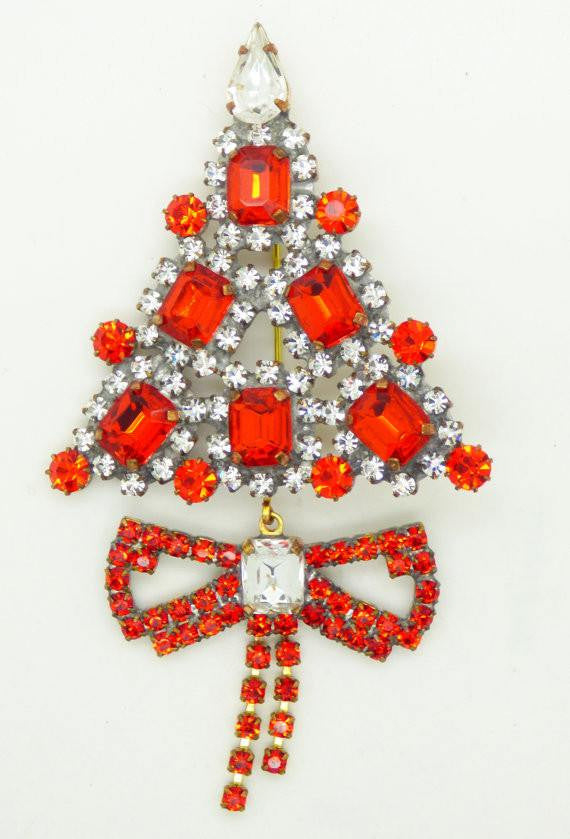 Czech Glass Red Rhinestone Christmas Tree Brooch with Dangling Ribbon, Vintage Rhinestones, Xmas Tree Pin