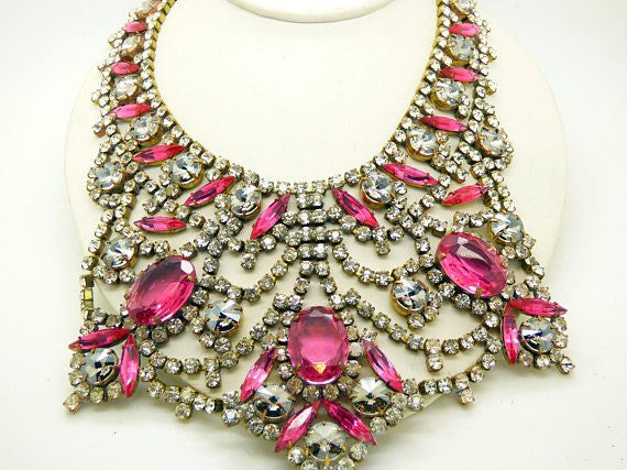 Czech Glass Husar D Pink and Clear Huge Statement Necklace
