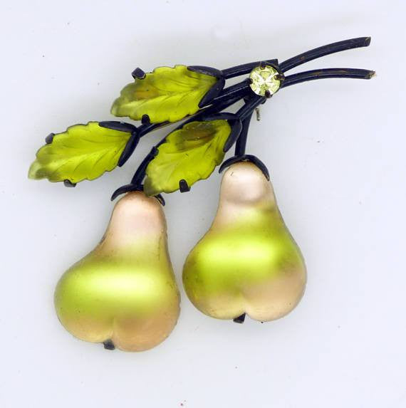 Double Pear Austria Frosted Green Fruit Brooch