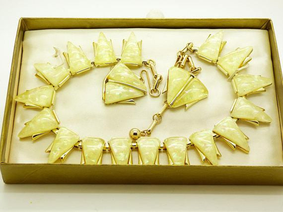 Coro Yellow Confetti Thermoset Geometric Necklace and Clip Earrings - Vintage Lane Jewelry