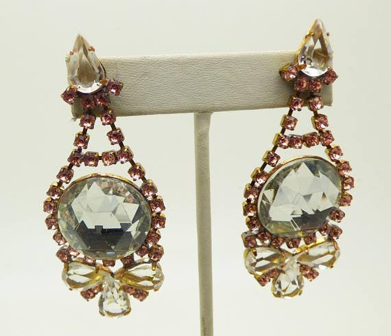Pale Pink and Clear Rhinestone Bow Pierced Style Czech Earrings - Vintage Lane Jewelry