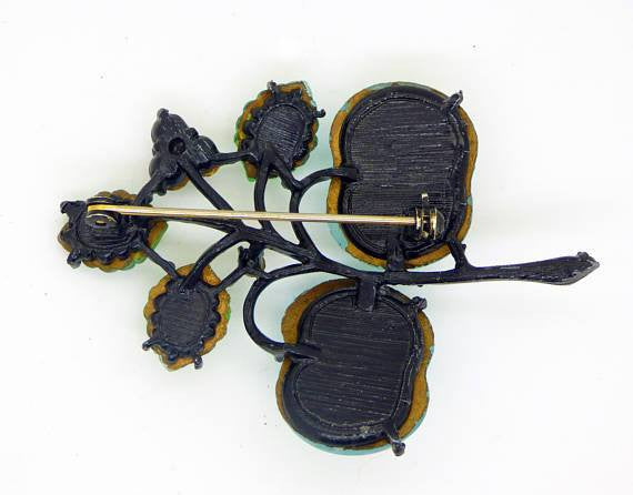 Austria Double Cherries Aqua Blue and Frosted White Glass Fruit Brooch - Vintage Lane Jewelry