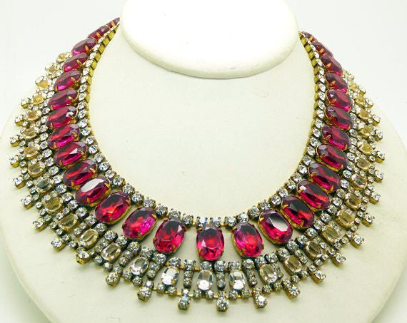 Fuchsia and Clear Stones Czech Rhinestone Bib Necklace