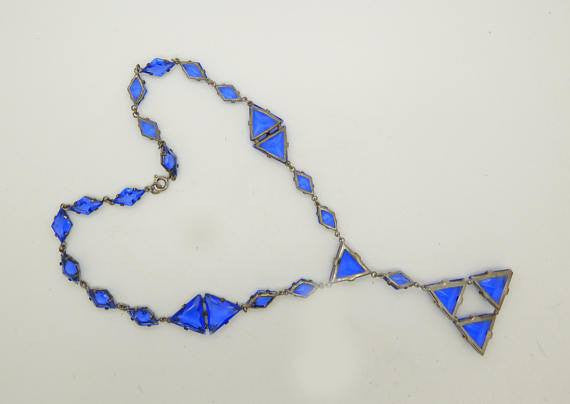 Art Deco Cobalt Blue Czech Glass Geometric Necklace - Vintage Lane Jewelry