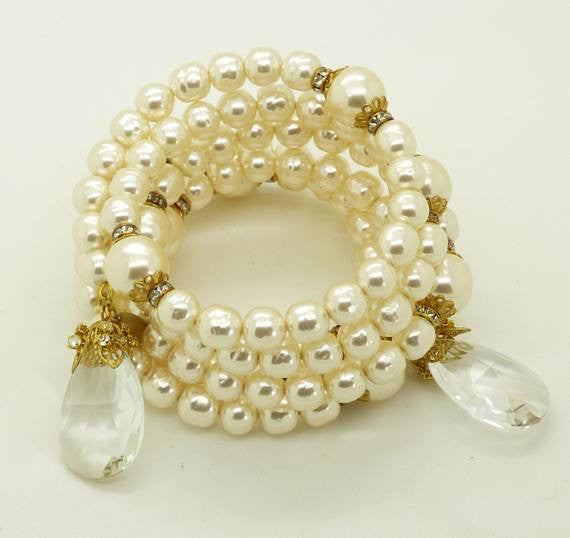Miriam Haskell Glass Pearl Crystal Coil Bracelet