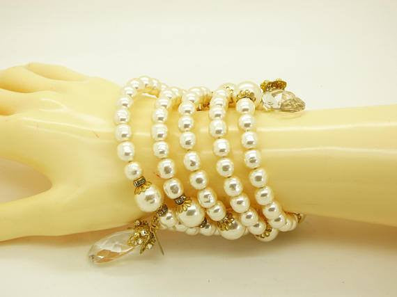Miriam Haskell Glass Pearl Crystal Coil Bracelet - Vintage Lane Jewelry