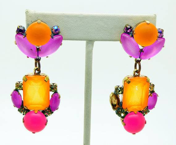 Czech Orange and Pink Neon Pierced Style Earrings