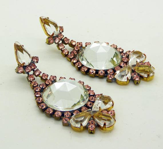 Pale Pink and Clear Rhinestone Bow Pierced Style Czech Earrings - Vintage Lane Jewelry