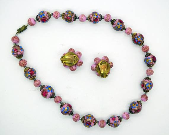 Venetian Wedding Cake Rose Pink Necklace and Matching Clip Earrings - Vintage Lane Jewelry